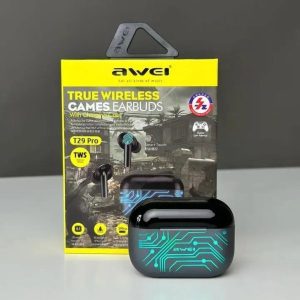 Awei T29 Pro গেমিং ইয়ারবাডস কালো রঙে চার্জিং কেসসহ প্রদর্শিত
