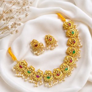Gold Plated Temple Necklace Earring Set