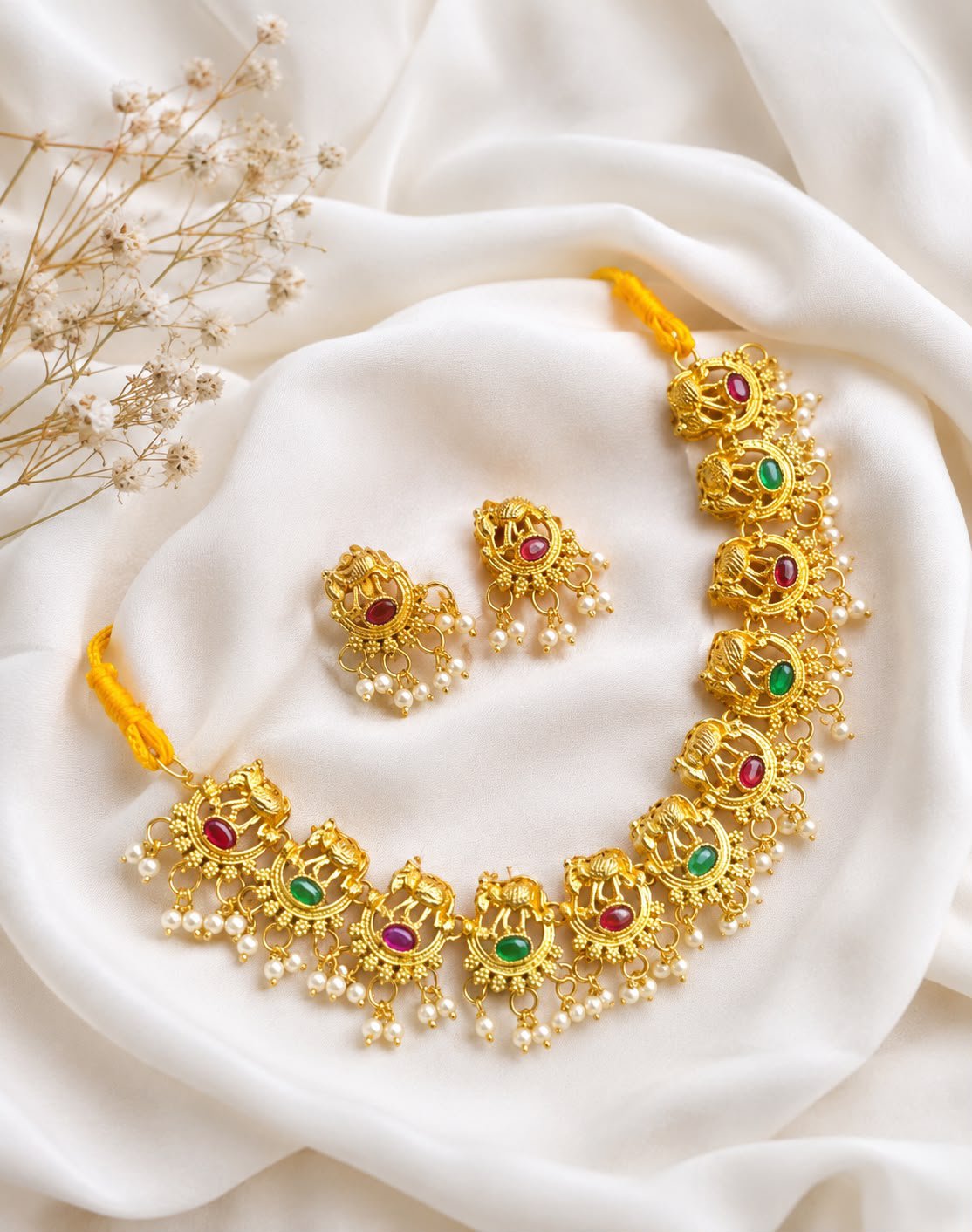 Gold Plated Temple Necklace Earring Set
