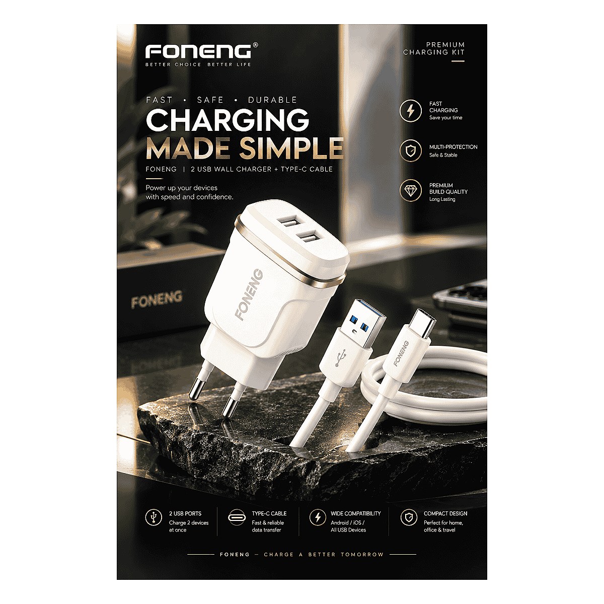 Foneng 2 USB Wall Charger with Type-C Cable