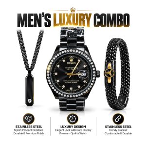 Men's Luxury Watch Necklace Bracelet Combo